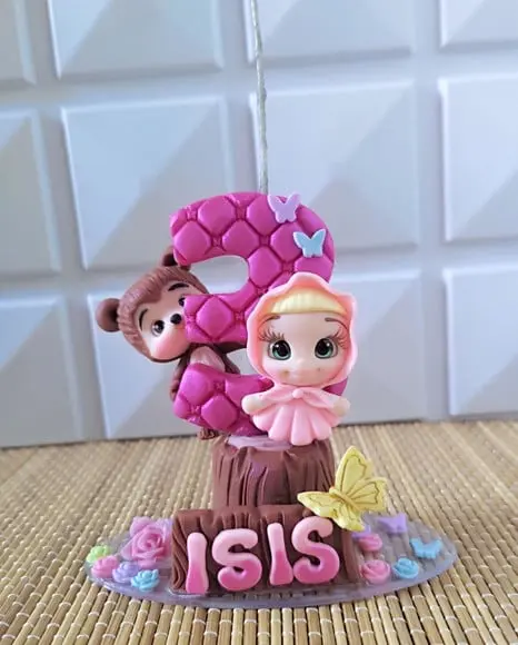Topo de Bolo Menina e Urso em Biscuit
