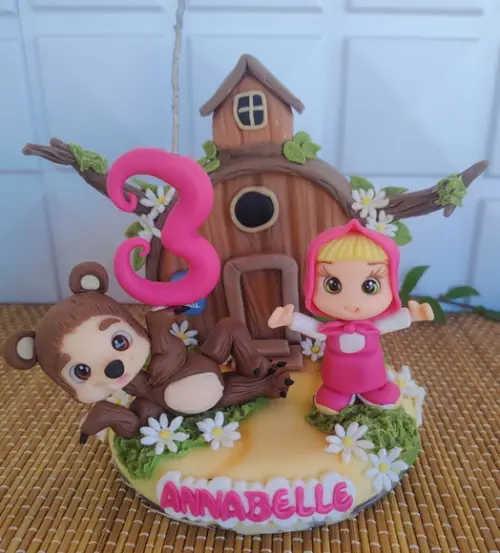 Topo de Bolo Menina e Urso em Biscuit