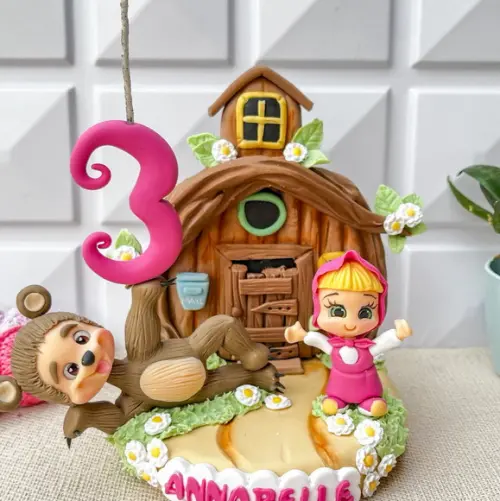 Topo de Bolo Menina e Urso em Biscuit