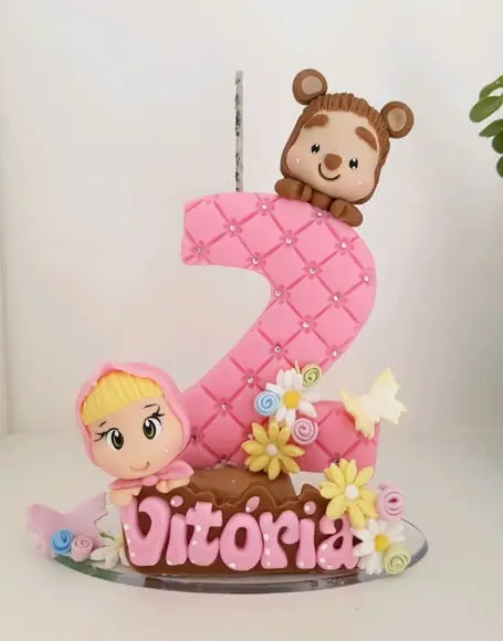 Topo de Bolo Menina e Urso em Biscuit
