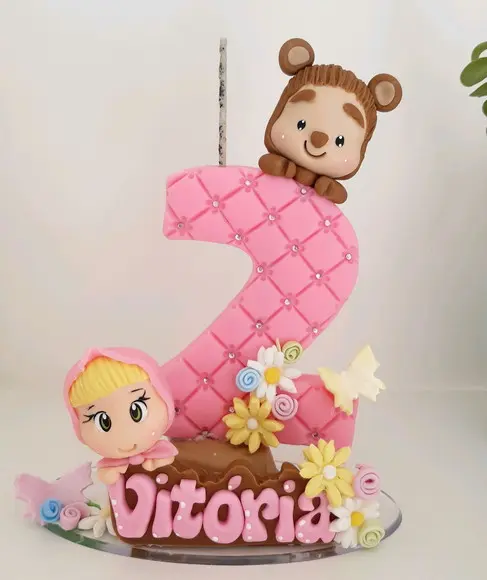Topo de Bolo Menina e Urso em Biscuit