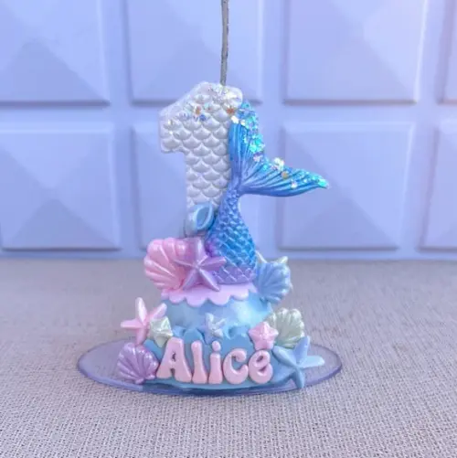 Topo de Bolo Vela Sereia Personalizada em Biscuit
