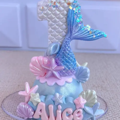 Topo de Bolo Vela Sereia Personalizada em Biscuit