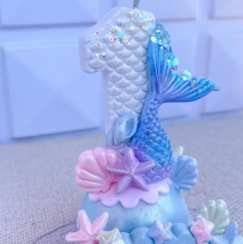 Topo de Bolo Vela Sereia Personalizada em Biscuit