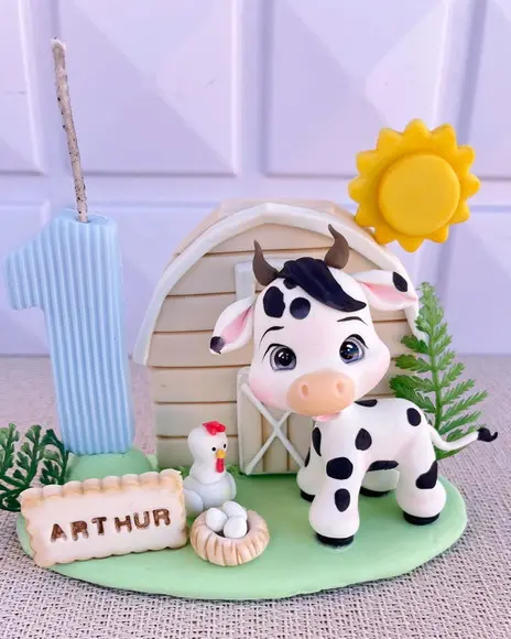Vela Fazendinha Biscuit Vaca Celeiro Personalizada Nome Idad