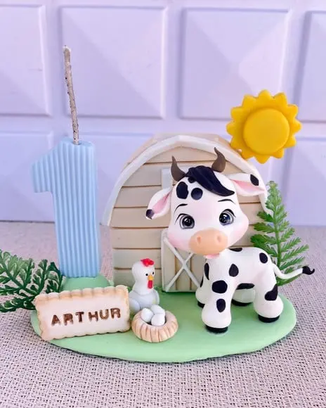 Vela Fazendinha Biscuit Vaca Celeiro Personalizada Nome Idad