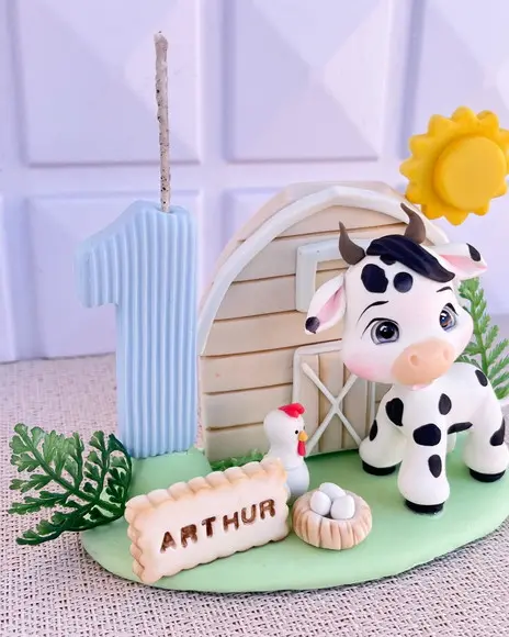 Vela Fazendinha Biscuit Vaca Celeiro Personalizada Nome Idad