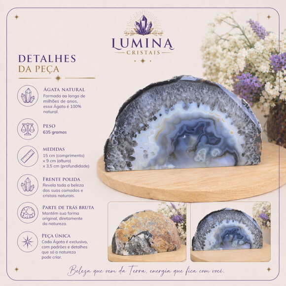 Ágata Natural Lapidada Decorativa Cinza e Azul com Drusa