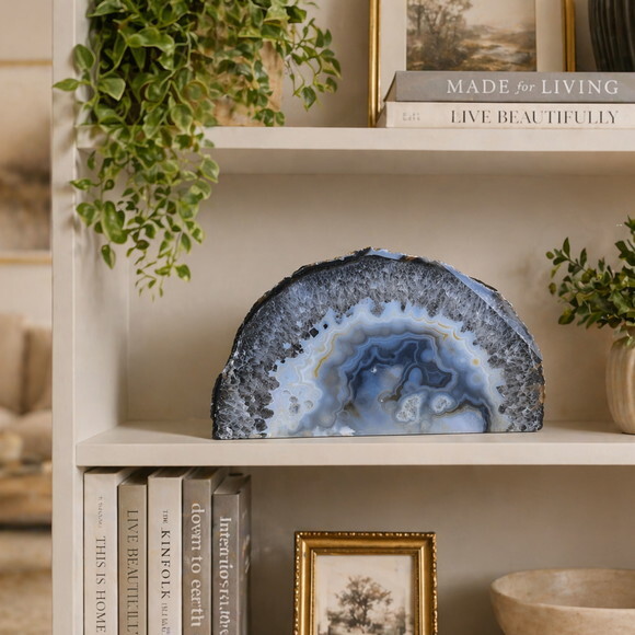 Ágata Natural Lapidada Decorativa Cinza e Azul com Drusa