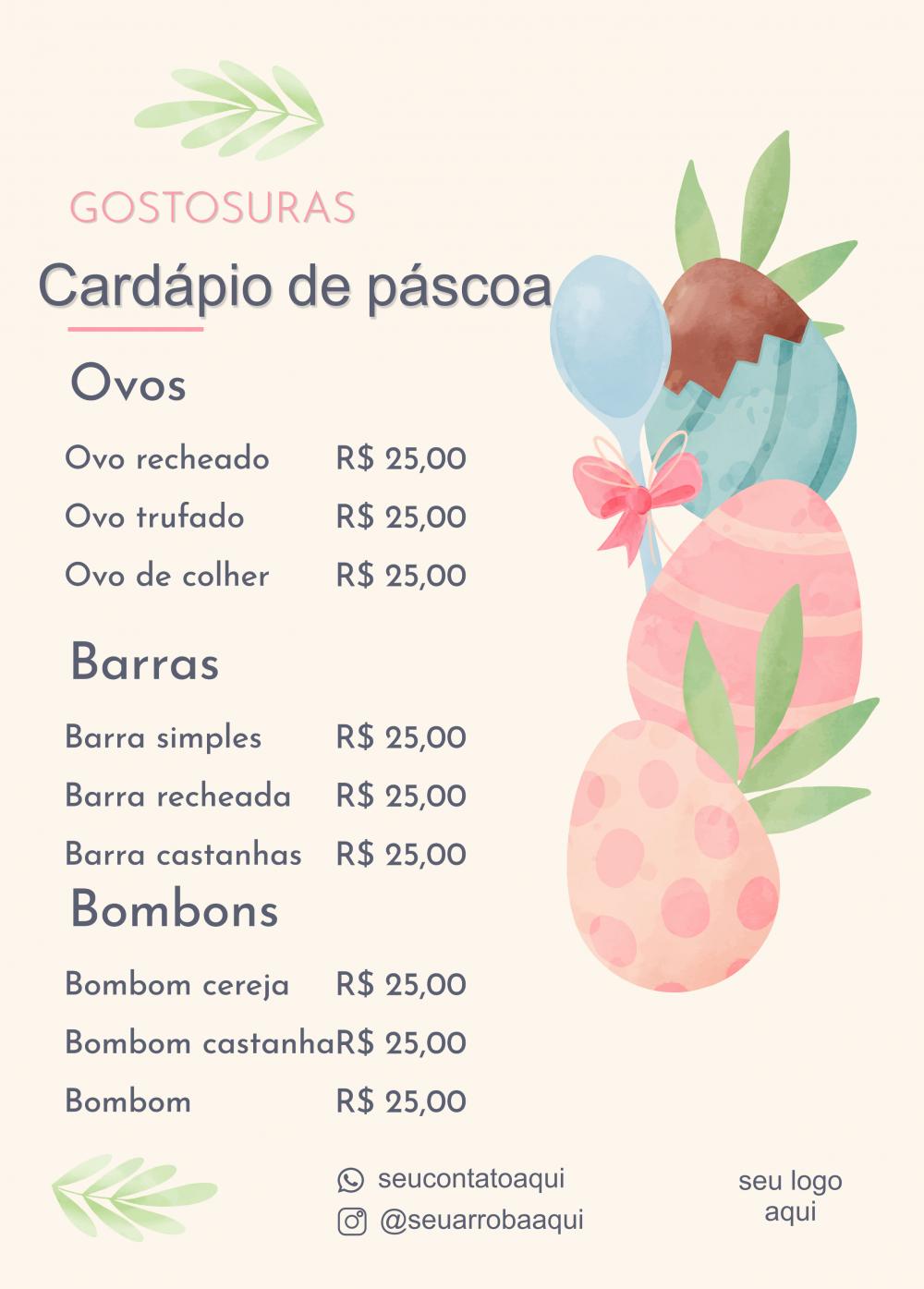 Arquivo digital cardápio de páscoa (editável canva)