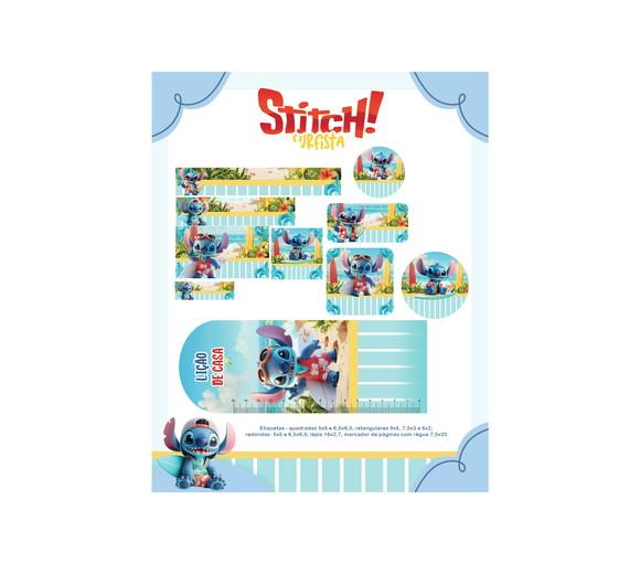 Arquivo Digital Etiquetas Escolares Stitch Surfista