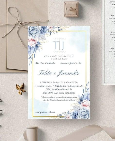Arquivo Digital Convite Casamento Floral Azul (você Edita)