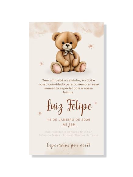 Convite Digital Chá de Bebê Ursinho Marrom Você Edita