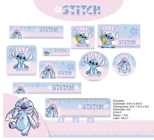 Arquivo Digital Etiquetas Escolares Stitch Aquarela