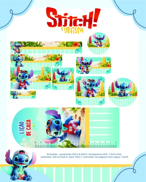 Arquivo Digital Etiquetas Escolares STITCH SURFISTA