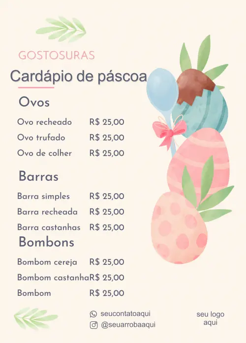 Arquivo digital cardápio de páscoa (editável canva)
