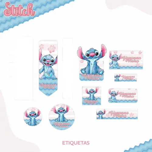 Arquivo Digital Etiquetas Escolares Stitch Aquarela