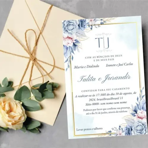 Arquivo Digital Convite Casamento Floral Azul (você Edita)