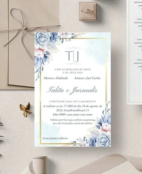Arquivo Digital Convite Casamento Floral Azul (você Edita)