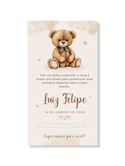 Convite Digital Chá de Bebê Ursinho Marrom Você Edita