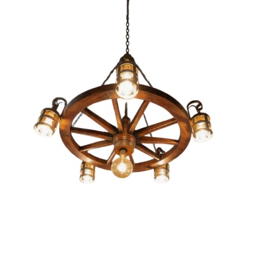 Lustre Roda Rústica 60cm Em Madeira 5 Bocais E 1 Soquete
