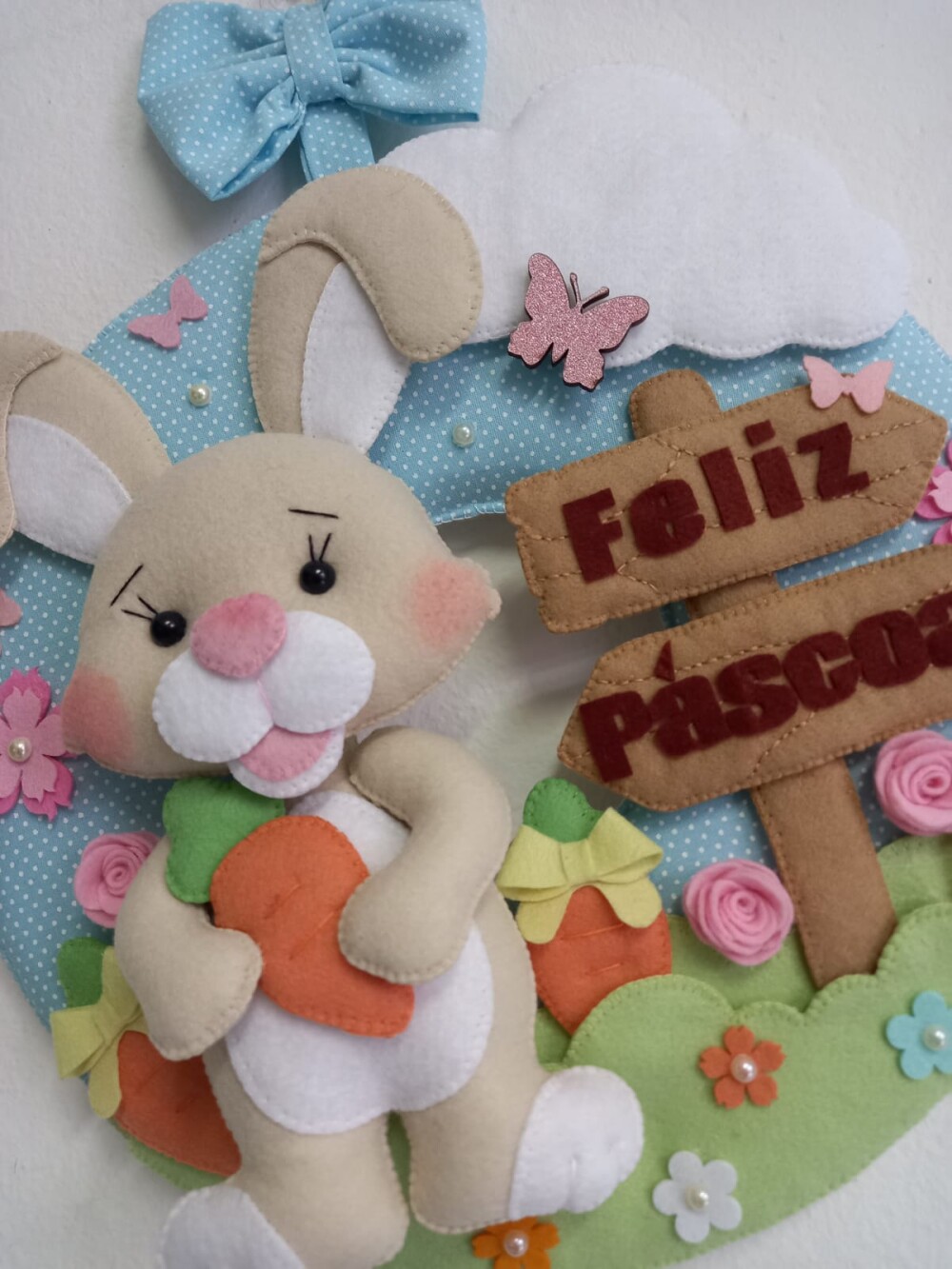 Guirlanda Feltro Feliz Páscoa Coelho com Cenoura Decoração Por
