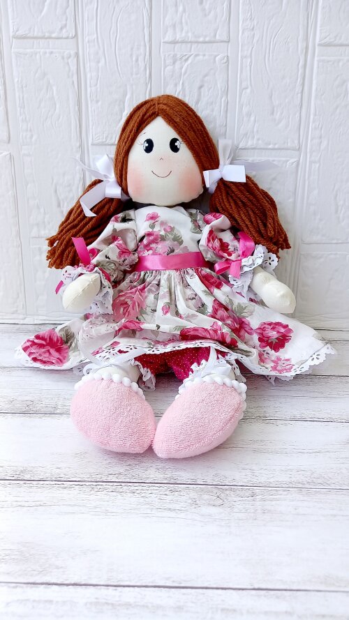 Boneca de Pano Artesanal Algodão Articulada Vestido Floral Rosa Pink
