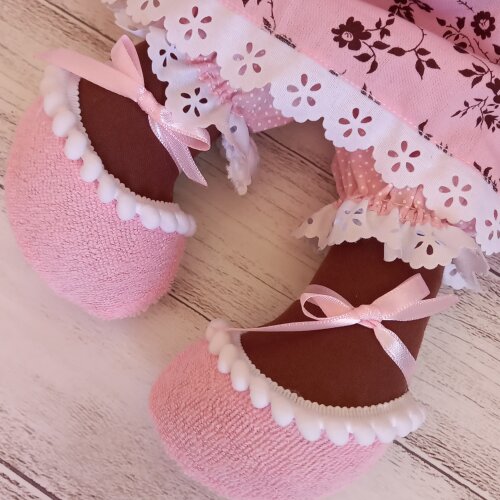 Boneca de Pano Artesanal Algodão Articulada Vestido Floral Rosa