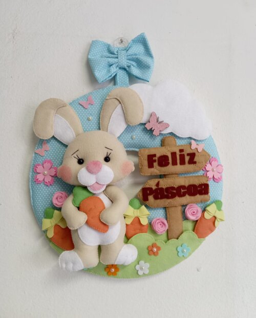 Guirlanda Feltro Feliz Páscoa Coelho com Cenoura Decoração Porta
