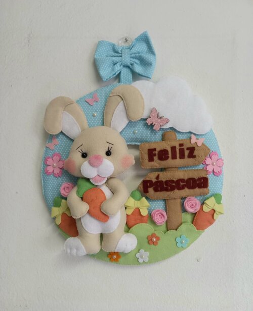 Guirlanda Feltro Feliz Páscoa Coelho com Cenoura Decoração Por