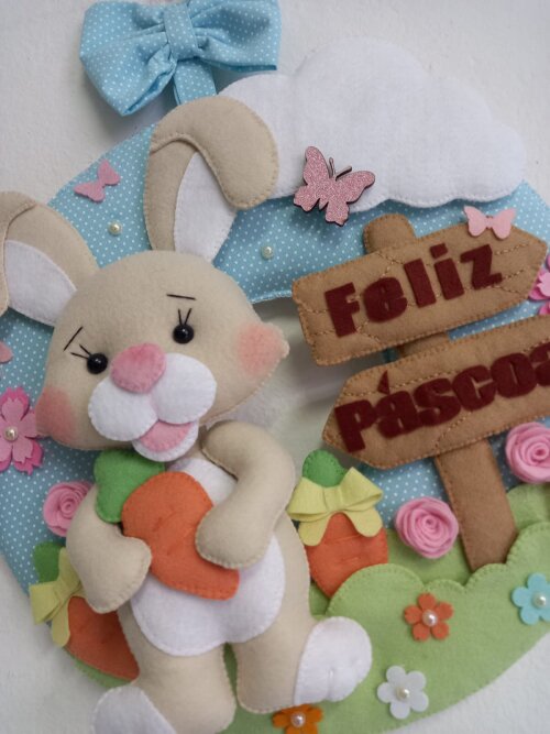 Guirlanda Feltro Feliz Páscoa Coelho com Cenoura Decoração Por