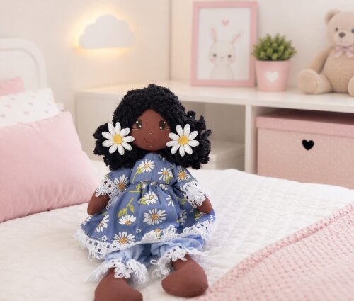 Boneca de Pano Artesanal Algodão Articulada Vestido Floral Azul 