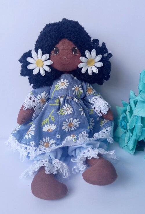 Boneca de Pano Artesanal Algodão Articulada Vestido Floral Azul 