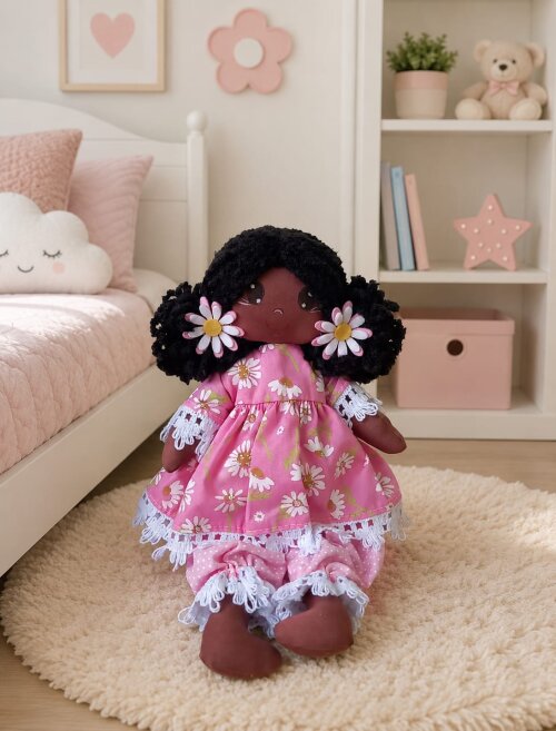 Boneca de Pano Algodão Articulada Vestido Rosa Floral Margaridas