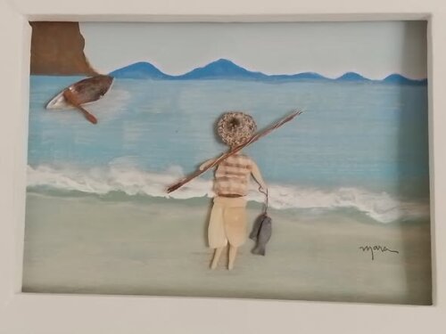 Quadro feito de pedras e conchas Pescador