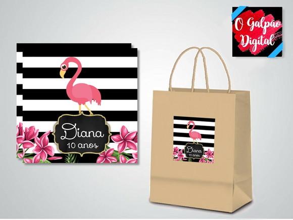 Rótulo de Sacola Kraft Flamingo