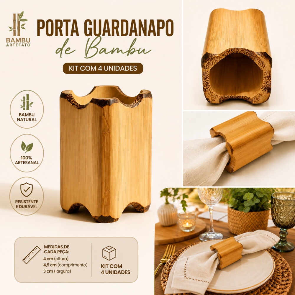 Porta Guardanapo De Bambu Kit Com 4uni