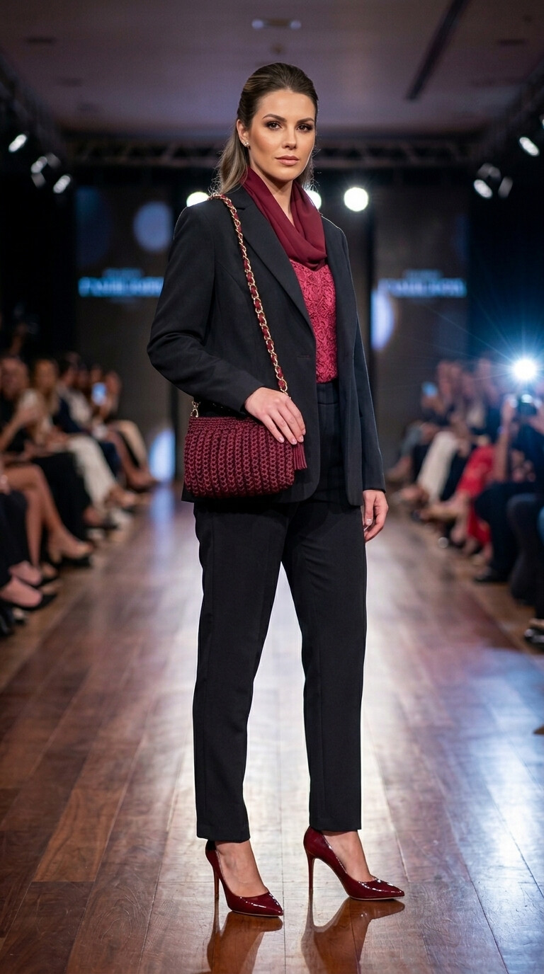 Bolsa clutch bordô de festa feita de crochê com fio náutico