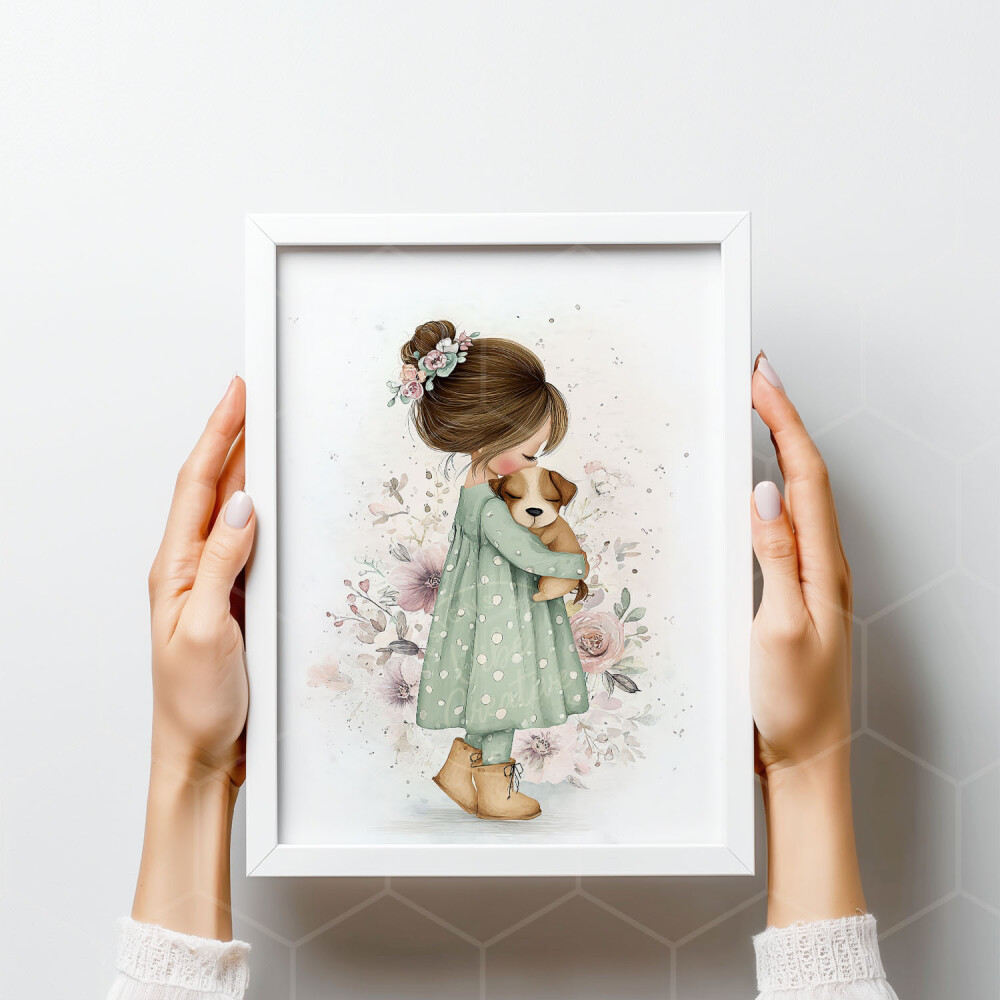 Arte digital para quadro infantil menina e cachorrinho aquarela