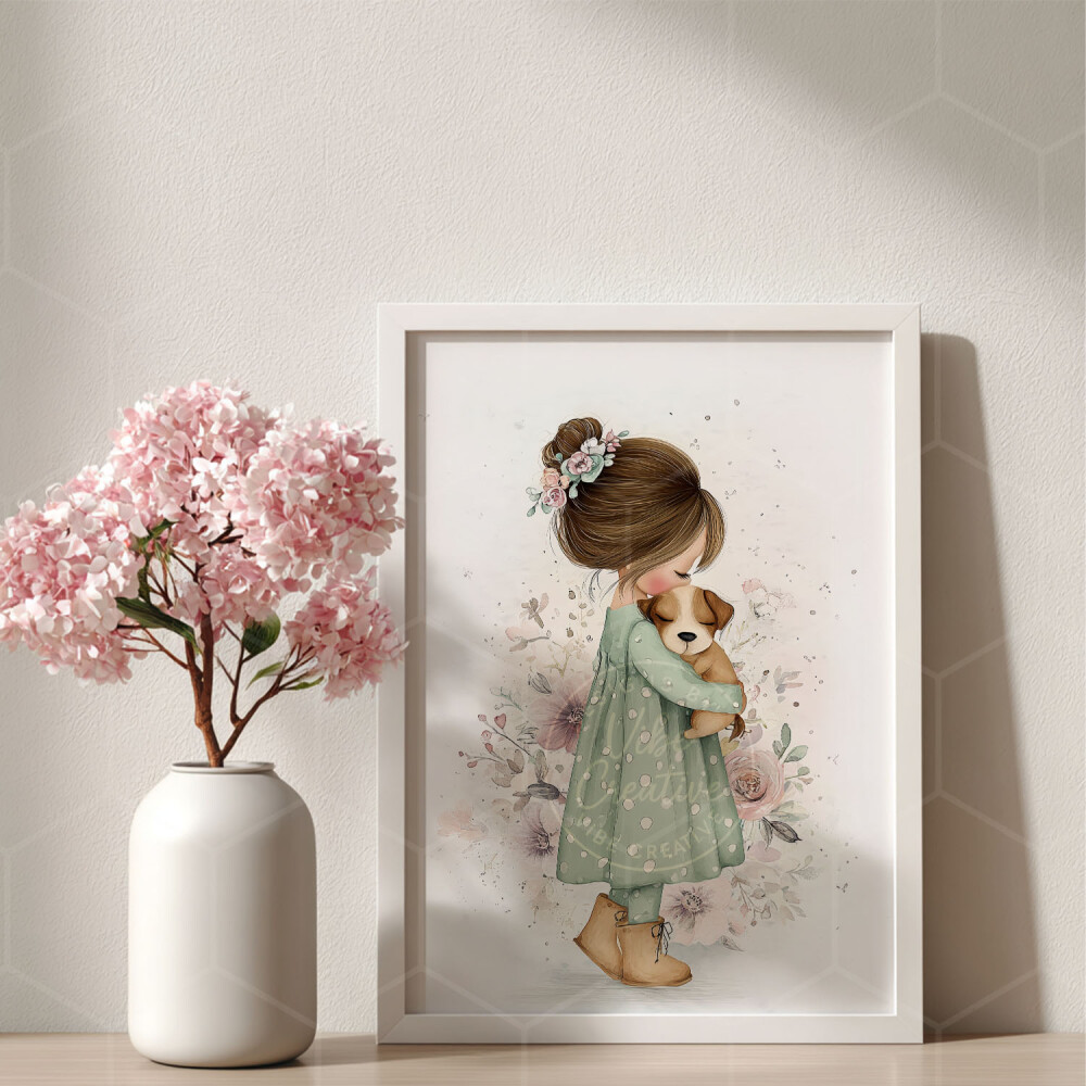 Arte digital para quadro infantil menina e cachorrinho aquarela