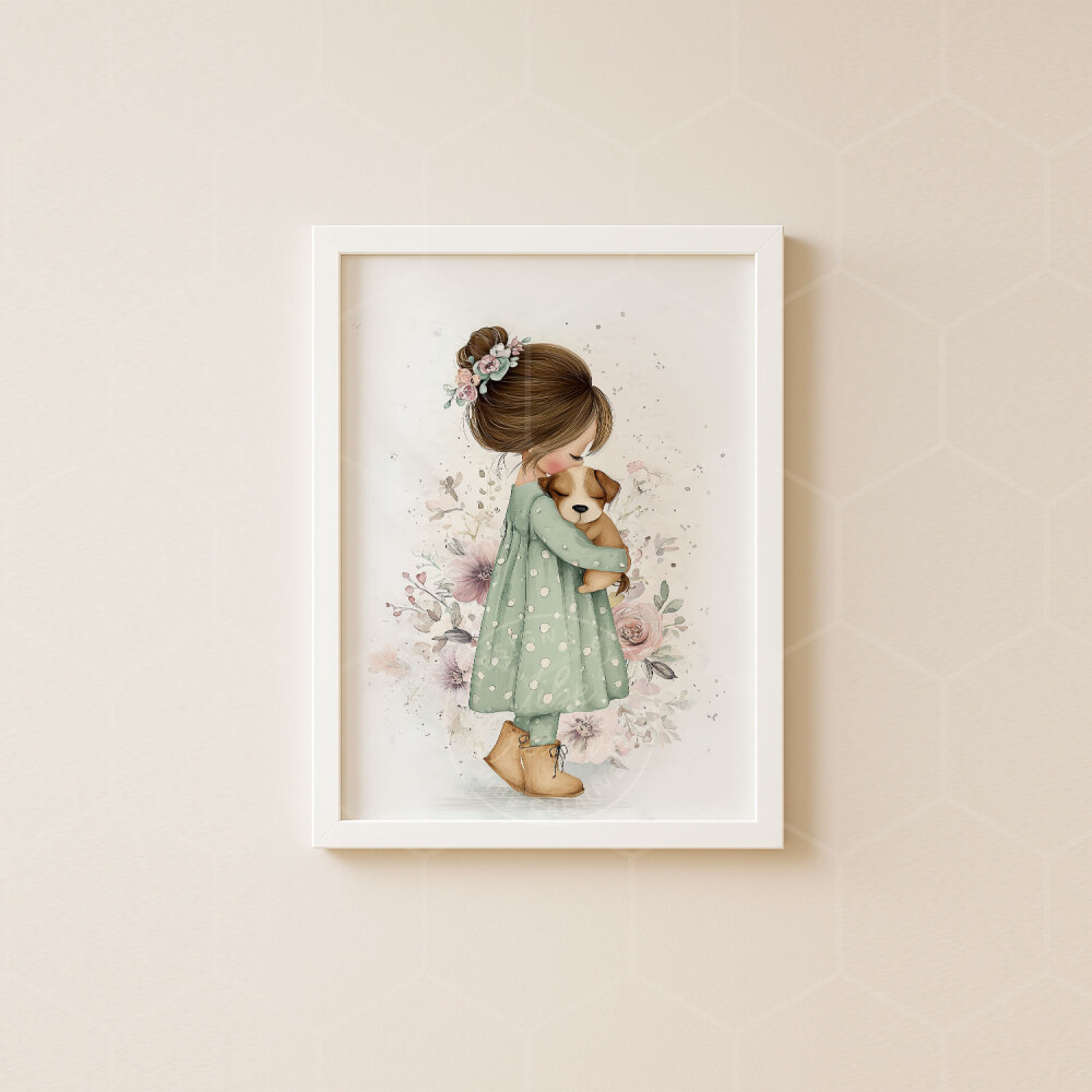 Arte digital para quadro infantil menina e cachorrinho aquarela