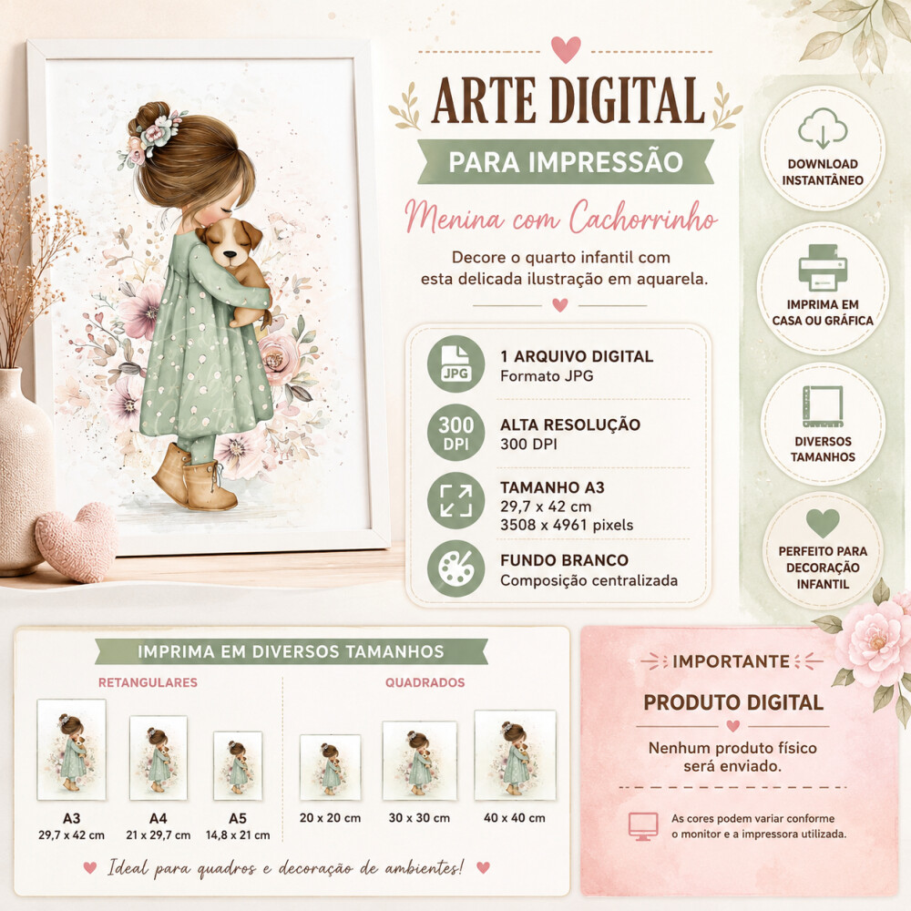 Arte digital para quadro infantil menina e cachorrinho aquarela