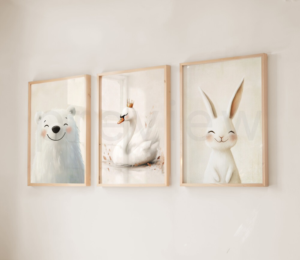 Kit 3 Quadros Infantil Ursinho Coelho e Cisne p/imprimir