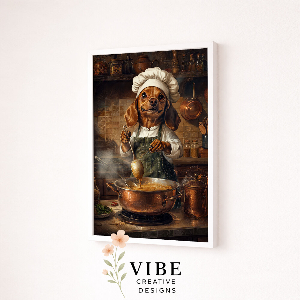 Quadro Cachorro Chef Cozinhando - Arte Digital para Imprimir A3