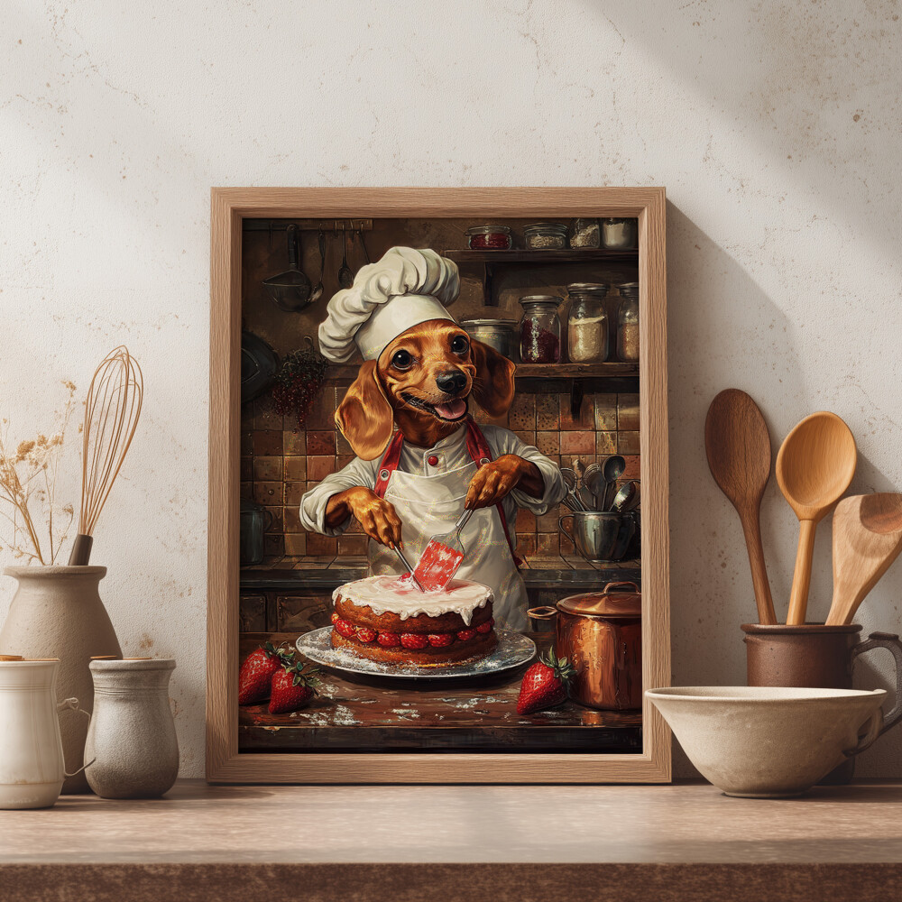 Quadro Cachorro Confeiteiro Bolo Coração - Arte A3