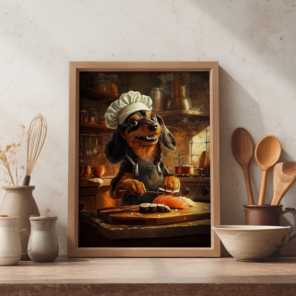 Quadro Cachorro Salsicha Chef Sushi - Arte A3