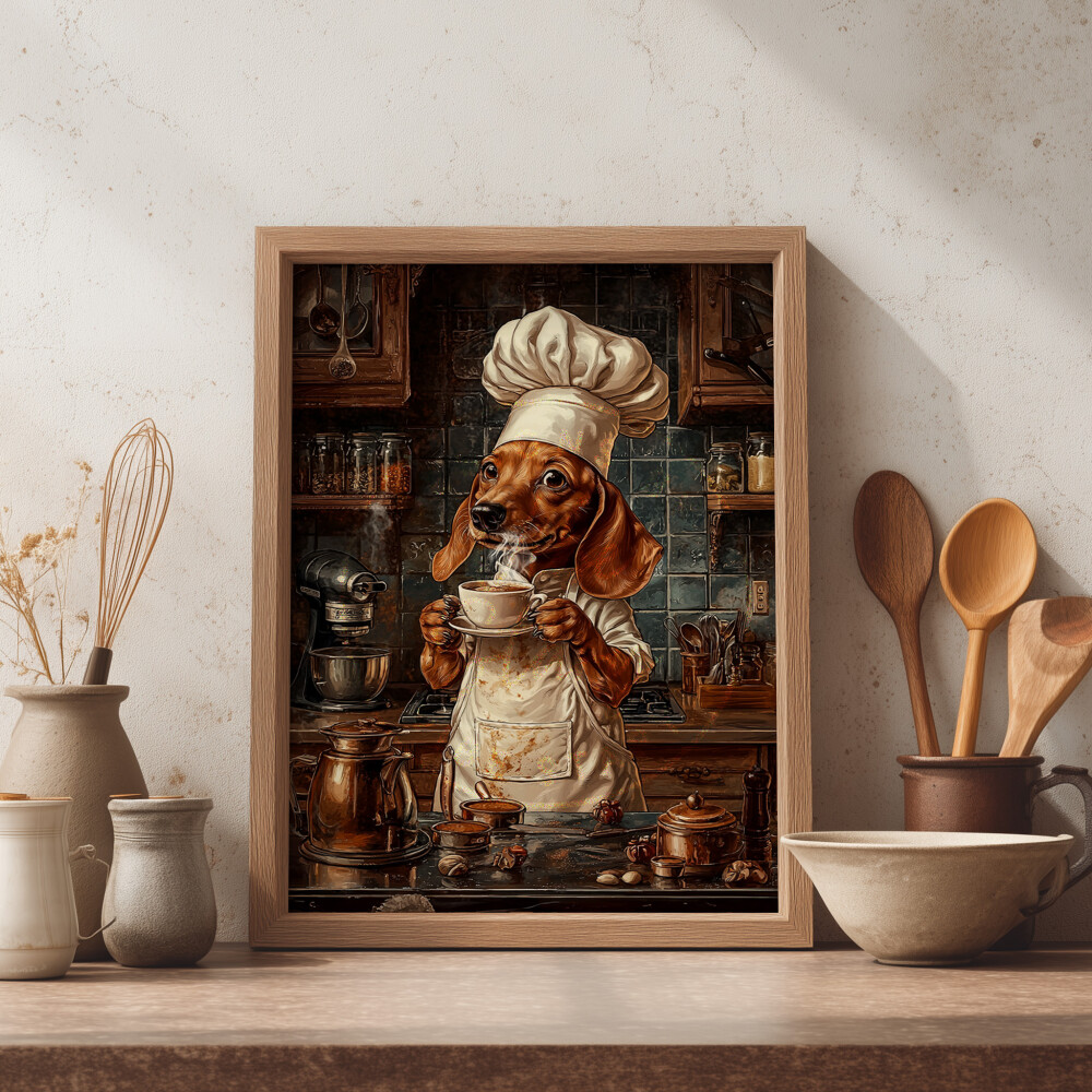 Quadro Cachorro Salsicha Chef Tomando Café - Arte A3