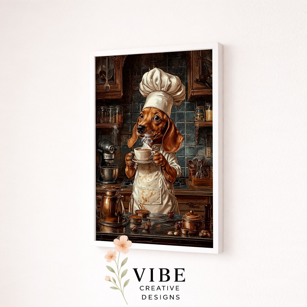 Quadro Cachorro Salsicha Chef Tomando Café - Arte A3