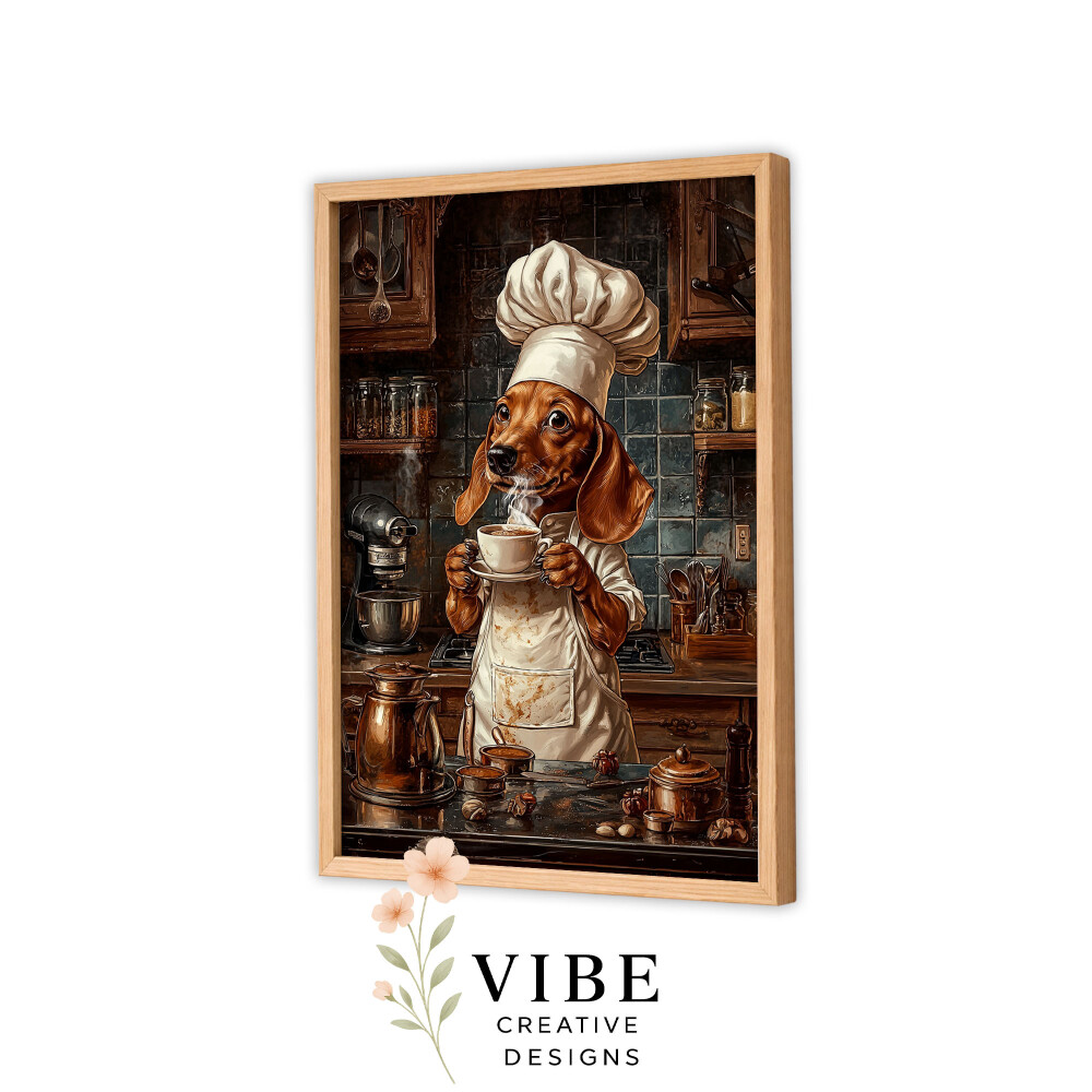 Quadro Cachorro Salsicha Chef Tomando Café - Arte A3