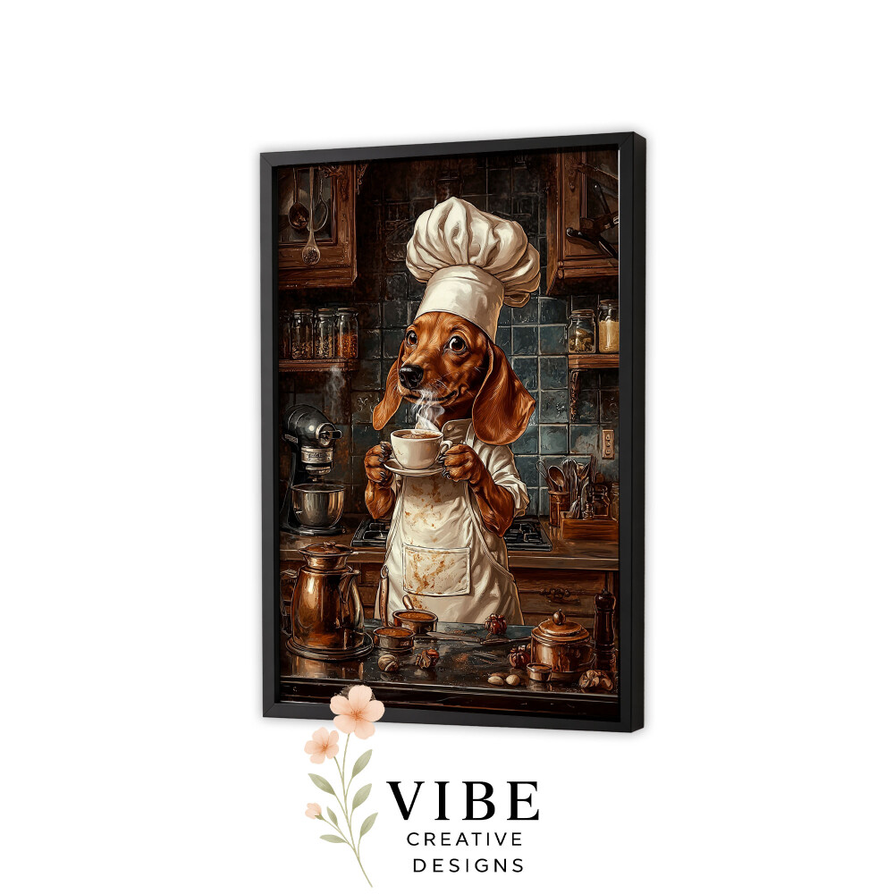 Quadro Cachorro Salsicha Chef Tomando Café - Arte A3
